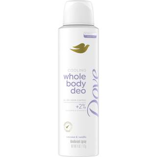 Dove Whole Body Deo Aluminiumfri Usynligt Spray-Deodorant Kokos og Vanilje, 72-timers lugtkontrol, 118 ml