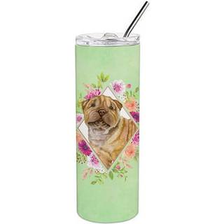 """" Caroline's Treasures Shar Pei Green Flowers dobbeltvægget rustfrit stål 20 oz tynd rejseisoleret tumblere multikolor """"