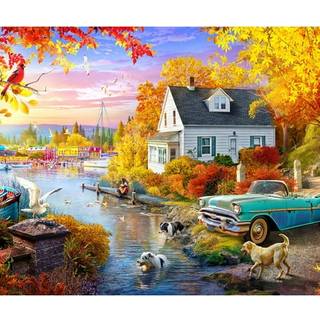 Springboks Lakeside Fall Retreat 1000 Piece Puzzle för vuxna tar dig med på en underbar flykt vid sjön