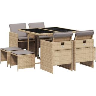 Spisebordssæt Til Haven 11 Dele Med Hynder Polyrattan Beige - 8 / Blandet beige / Glas