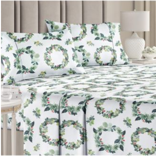 King Christmas Holiday Krans Sheet S?t - Julem?nster linned s?t - Dybe lommer - Sikker pasform - 4 dele - Rynkefri - Behageligt og k?lende vinter