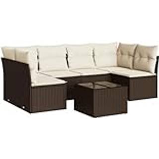 Sofasæt Til Haven 7 Dele Med Hynder Polyrattan - Brun og cremefarvet / Med bord