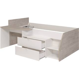 Seng med skrivebord og opbevaringsplads - 90 x 190/200 cm - Hvid og naturlig - GISELE