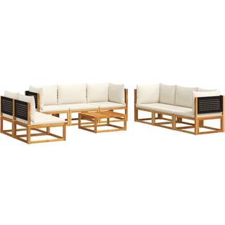 Loungesæt Til Haven 4 Dele Med Hynder Massivt Akacietræ - Sort og cremefarvet / 4x hjørnedel 4x midterdel bord
