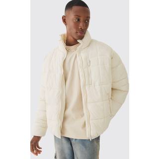 Mens Quilted Funnel Neck Puffer Coat In Ecru