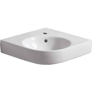 Geberit Renova Compact hjørnehåndvask: B=69.5cm, T=61.5cm, Hanehul=Midtpå, Overløb=Synlig, Hvid