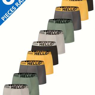 TEMU 6-pack Men's Boxer Briefs With "hello" Print, Breathable Polyester, High Elasticity Quick-dry Athletic Shorts, Fit For , Knit Fabric, 95% Polyester 5% Spandex, Alphabet Pattern