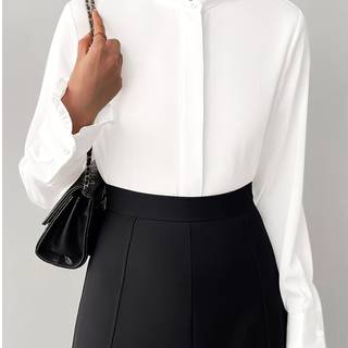 TEMU Women's Elegant White Casual Long Sleeve Shirt - Collar Semi-sheer Blouse, Machine Washable Solid Color Top For Versatile Wear, Apparel, , Texture Detail