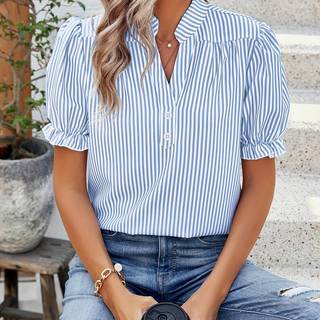 TEMU Women's Striped V-neck Puff Sleeve Shirt, Polyester Regular Fit Short Sleeve Top With Stand Collar And Tight Hem For Spring/summer