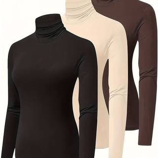 TEMU Autumn And Winter Women's High Neck Long Sleeve T-shirt 3pcs Set Casual Versatile Layering Base Shirt