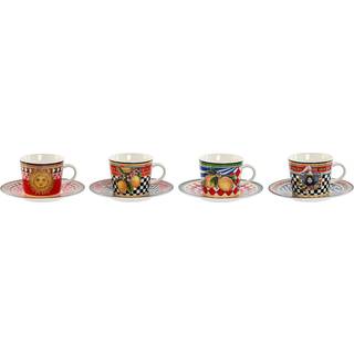 Set med kopper og underkopper Home ESPRIT Gul Rød Porcelæn 12,5 x 12,5 x 1,5 cm (4 enheder)