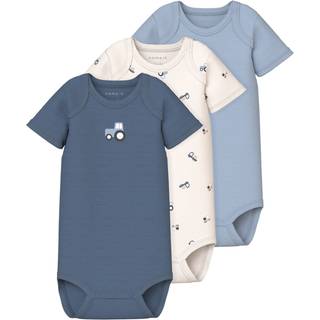 Name It 3pak Bodystocking i blå og hvid med traktorer til baby
