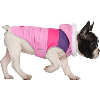 HDE Hundepufferjakke Fleeceforet Varm Hundeparka Vinterfrakke med selehul Pink Stripe - S