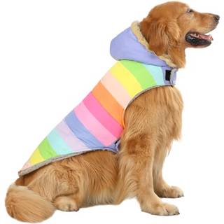 HDE Hundepufferjakke Fleeceforet Varm Hundeparka Vinterfrakke med selehul Pastel Regnbue - L