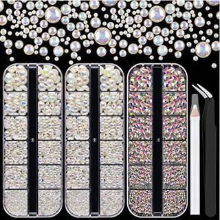 4000pcs fladback rhinestones og halvt runde perler s?t #33 Multi size glas AB krystaller plast flad ryg beige ab kuppel perle med pickup blyant o