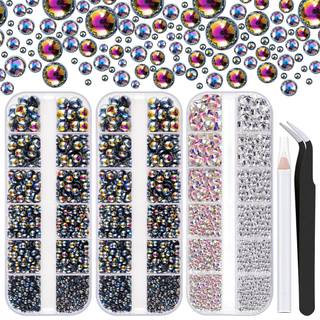 4000pcs fladback rhinestones og halv runde perler s?t nr. 5 multi st?rrelse glasklare & ab krystaller plast flad ryg sort ab kuppel perle med pic