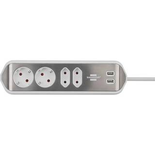 Schuko, 4-stikdåse med USB opladning, Hvid-Alu Stikprop:Schuko stikprop - Ledningslængde:2 meter