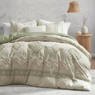 Oli Anderson Boho Duvet Cover Set King Størrelse Beige og Sage Green Color Clash 3 stykker Mikrofiber Sengetøj Set Holdbart og Super Soft Comfote