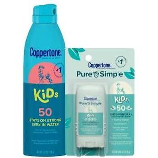 Coppertone Kids Eksklusiv Disney Moana Solcreme Spray SPF 50 (5 Oz) + Coppertone Pure and Simple Kids Mineral Sunscreen Stick SPF 50 (0,49 Oz) Va