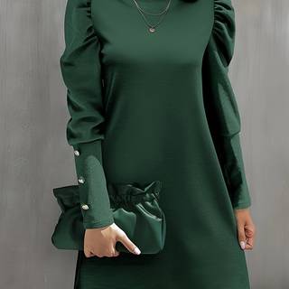 TEMU Button Decor Crew Neck Dress, Elegant Long Sleeve Dress For Spring & Fall, Women's Clothing
