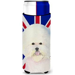 Caroline's Treasures SS4968MUK Bichon Frize med den engelske Union Jack British Flag Ultra Hugger For Slim Cans Can Cooler Sleeve Hugger Machine