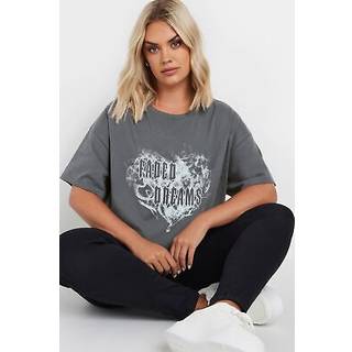 Yours Curve Yours Curve Grey Relaxed Faded Dreams Placement Print Drop Shoulder 100% Cotton T-Shirt