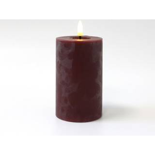 LED Bloklys 12,5cm høj, smelte-look, flammeeffekt - Ø7,5cm, 12,5cm høj, virker med fjernbetj, ægte stearin, bordeauxrød