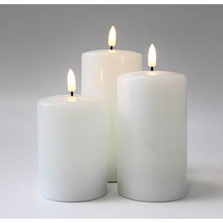 LED Bloklys, 3 stk, flammeeffekt, hvid - Inkl fjernbetjening og timer, 10/12,5/15cm høj, Ø7,5cm, ægte stearin