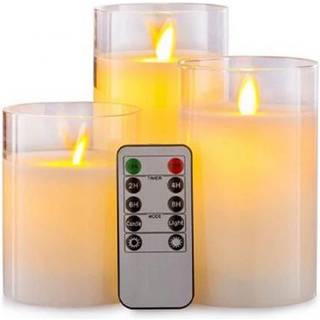 LED Bloklys sæt i glas Ø7,5cm, 3 stk, vippende flamme - Inkl. fjernbetjening og timer, 10/12,5/15cm høj, ægte stearin