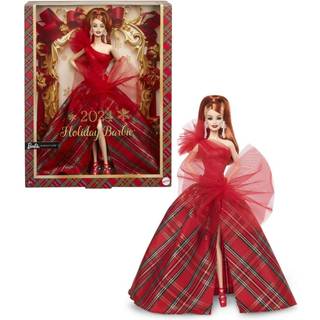 Barbie Signature Doll 2024 Holiday Red Hair Fashion Doll bär klänning med rutig kjolsäsongssamlare gåva i visningsbar förpackning