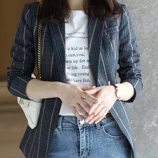 TEMU Elegant 2024 Blue Striped Blazer - Chic Long Sleeve Women's Suit With Shoulder Bag, Stylish Blazer|striped Blazer|single Button Closure