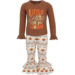 Unik baby 2 stykker piger dobbelt ruffle leggings og langærmet shirt tøj sæt kid og småbarn pige takkgivende tøj (2 år brun og orange)