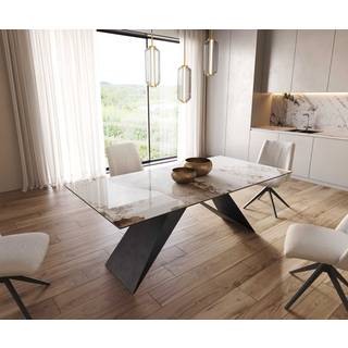 Esstisch Edge 200x100 Keramik Minas Melange Weiß-Beige V-Gestell Flachstahl Schwarz