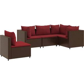 Loungesæt Til Haven 5 Dele Med Hynder Polyrattan Sort - Brun og rød / 3x hjørnedel 2x midterdel