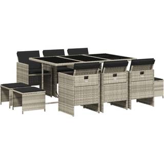 Spisebordssæt Til Haven 11 Dele Med Hynder Polyrattan Sort - 10 / Lysegrå / Glas