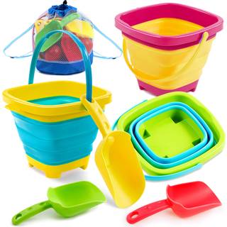Sloosh 3 pcs sammenklappelige spande med 3 skovle Sand Bucket Water Bucket Sandbox Square Party i sommeren sammenfoldelig spandspand silikone sam