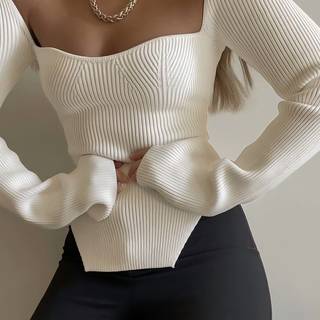 TEMU Asymmetrical Hem Sweetheart Neck Sweater, Elegant Long Sleeve Sweater For Fall & Winter, Women's Clothing