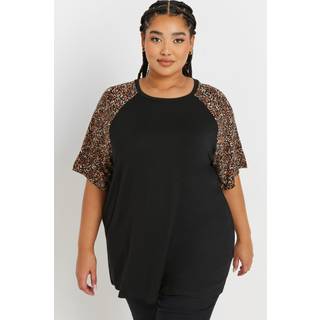 Yours Curve Yours Curve Black Contrast Leopard Print Sleeve T-Shirt