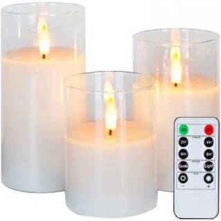 LED Bloklys sæt i glas Ø7,5cm, 3 stk, flammeeffekt - Inkl. fjernbetjening og timer, 10/12,5/15cm høj, ægte stearin