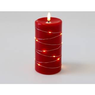 LED Bloklys med lyskæde, 15cm høj, flammeeffekt - Ø7,5cm, virker m. fjernbetj, ægte stearin, rød