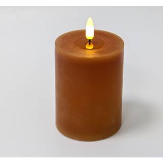 LED Bloklys 10cm høj, smelte-look, flammeeffekt - Ø7,5cm, 10cm høj, virker m. fjernbetj, ægte stearin, flot brun