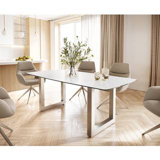 Esstisch Edge Bootsform 200x100 Keramik Laminam® Statuarietto Weiß Edelstahl Breit