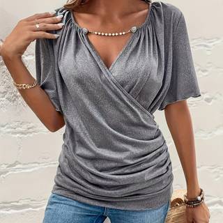 TEMU Elegant Grey V-neck T-shirt With Beaded Detail - Polyester Blend (95% Polyester, 5% Elastane) - Solid Color Knit Fabric - Regular Length Short Sleeve Top For Summer