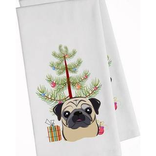 Juletr? og Fawn Pug hvidt k?kkenh?ndkl?de s?t med 2