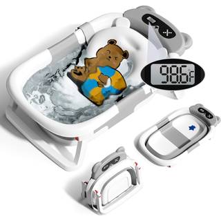 Kerbwry sammenklappeligt babybadekar til nyfdt til smbrn (0-18 M) - Brbart babybadekar med termometer Nyfdt badekar med bldt hndklde og f