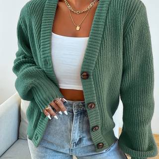 TEMU Pattern Elegant Women's Plain Color Front Button Knitted Cardigan Sweater Jacket Spring And Autumn