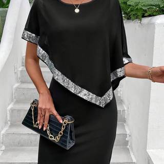 TEMU Women's Slim Fit Sequin Sleeve & Hem Bodycon Dress - Elegant Washable Party & Vacation Dress, Round Neck Short Sleeve Dress For Adults, Sequin Party Dress, Evening Wear, Sleek Silhouette