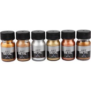 Art Metal maling, metallic farver, 6x30ml Pakke med 6 x 30 ml vandbaseret maling. Indeholder 6 assorterede metalfarver.