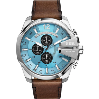 Diesel Mega Chief Chronograph Brown Leather Blue Dial Men's Watch DZ4657
