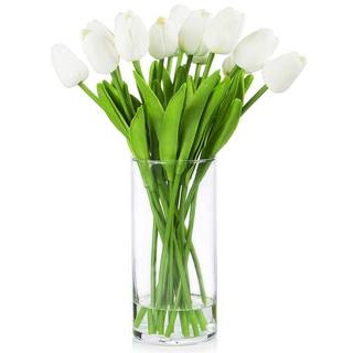 ENOVA HJEM Kunstig Real Touch Tulips Blomsterarrangement i klar glasvase med faux vand til hjemmet bryllupsdekoration (hvid)